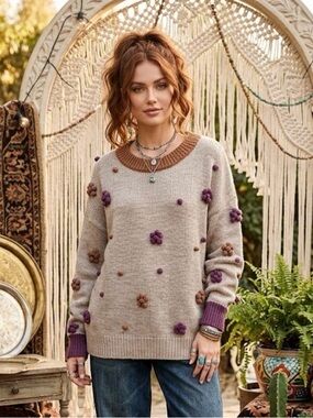 Andthewhy Flowers in the Fall Chunky Knit Sweater - Size Small/Medium
